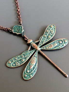 Dragonfly Necklace Aged Copper Verdigris Patina